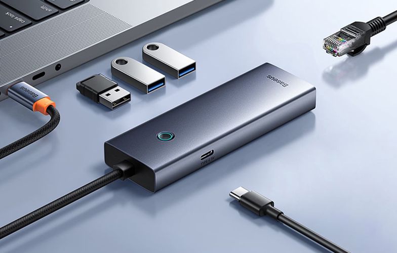 Hub Baseus UltraJoy Series Lite 4-Port (USB to USB 3.0*3+RJ45*1+USB-C 5V) (gray), Baseus B0005280B811-12