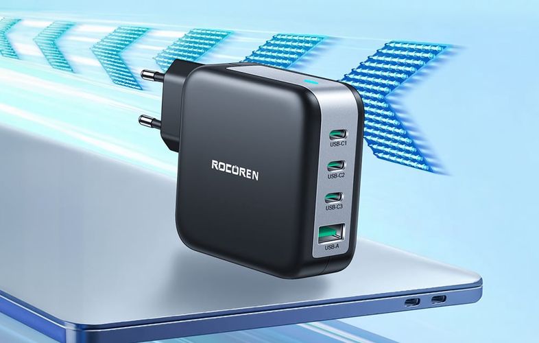 Wall charger GaN Rocoren 3x USB-C, 1x USB, Power Delivery 3.0, 100W (black), Rocoren RCCT3P1A-ZXA01