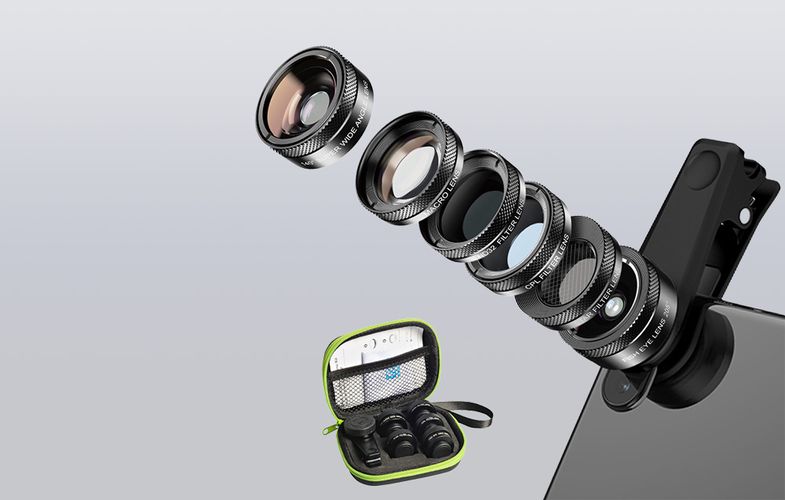 Mobile lens kit APEXEL APL-DG6V2 6 in 1 universal (black), APEXEL APL-DG6V2