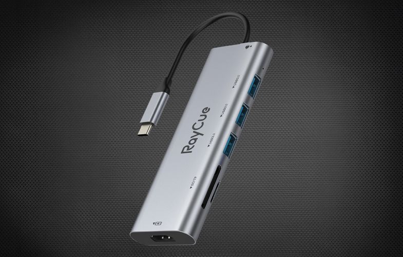 Hub 7in1 RayCue USB-C to 3x USB-A 3.0 5Gbps + SD/TF 3.0 + HDMI 4K30Hz + PD 3.0 100W (gray), RayCue HXD-RC2701