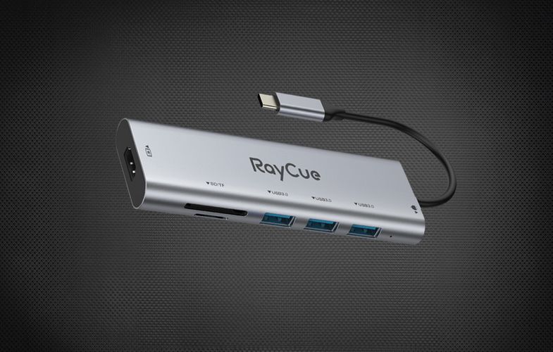 Hub 7in1 RayCue USB-C to 3x USB-A 3.0 5Gbps + SD/TF 3.0 + HDMI 4K30Hz + PD 3.0 100W (gray), RayCue HXD-RC2701