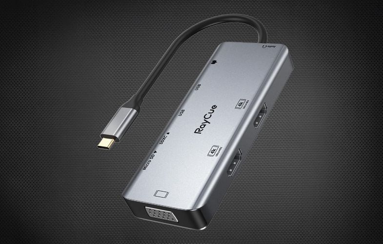 Hub 9in1 RayCue USB-C to 2x USB-A 3.0 5Gbps + 2x SD/TF 3.0 + 2x HDMI 4K30Hz + VGA 1080p + jack 3.5mm + PD 3.0 100W (gray), RayCue HYD-RC2901