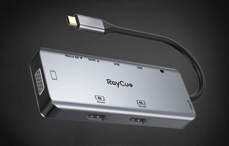 Hub 9in1 RayCue USB-C to 2x USB-A 3.0 5Gbps + 2x SD/TF 3.0 + 2x HDMI 4K30Hz + VGA 1080p + jack 3.5mm + PD 3.0 100W (gray), RayCue HYD-RC2901