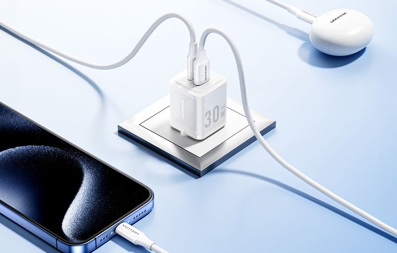 Wall charger, Vention, FEQW0-EU,  USB-C + USB- A,  30W/30W , GaN (white), Vention FEQW0-EU