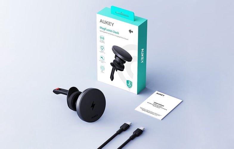 Car Phone Holder Aukey HD-MC13, with charger 15W Qi2 (black), Aukey HD-MC13