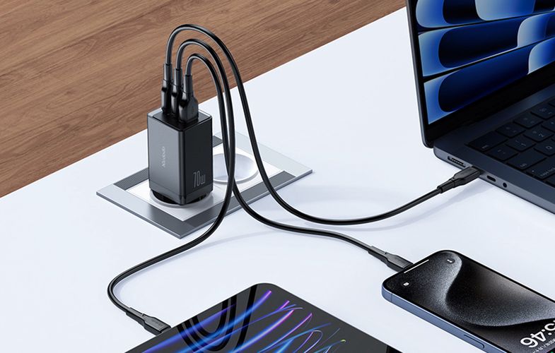 GaN Mcdodo CH-1543 network charger, 2x USB-C, 1x USB, 67W + USB-C to USB-C 2m cable (black), Mcdodo CH-1543