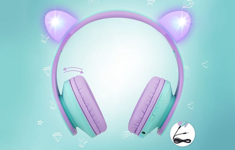 PowerLocus P2 Cats Ears Wireless Headphones for Kids (blue and purple), PowerLocus pwl-p2kids-cattealpu