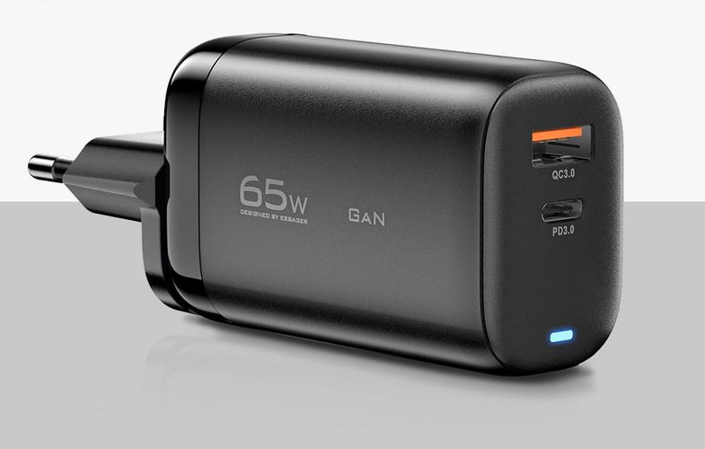 Wall charger, Essager, ECTAC-MYB01-Z, GaN,  USB-C, USB-A, 65W (black), Essager ECTAC-MYB01-Z