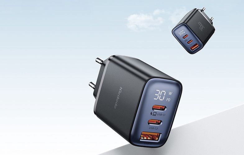 Mcdodo CH-2180 2xUSB-C + USB-A, 30W mains charger with display (black), Mcdodo CH-2180