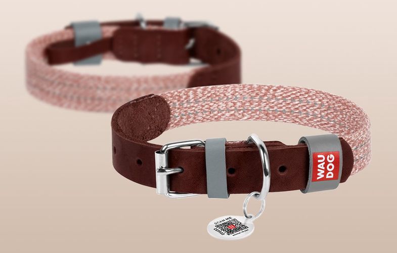 Dog collar made of natural leather and recycled material with QR code Waudog size M, width 20 mm, brown, Waudog 58926