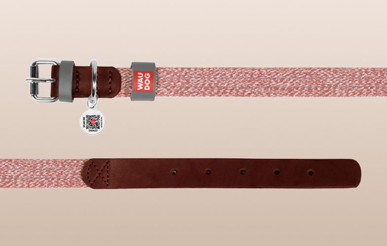 Dog collar made of natural leather and recycled material with QR code Waudog size L, width 25 mm, brown, Waudog 58936