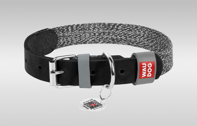 Dog collar made of natural leather and recycled material with QR code Waudog size M, width 20 mm, black, Waudog 58921