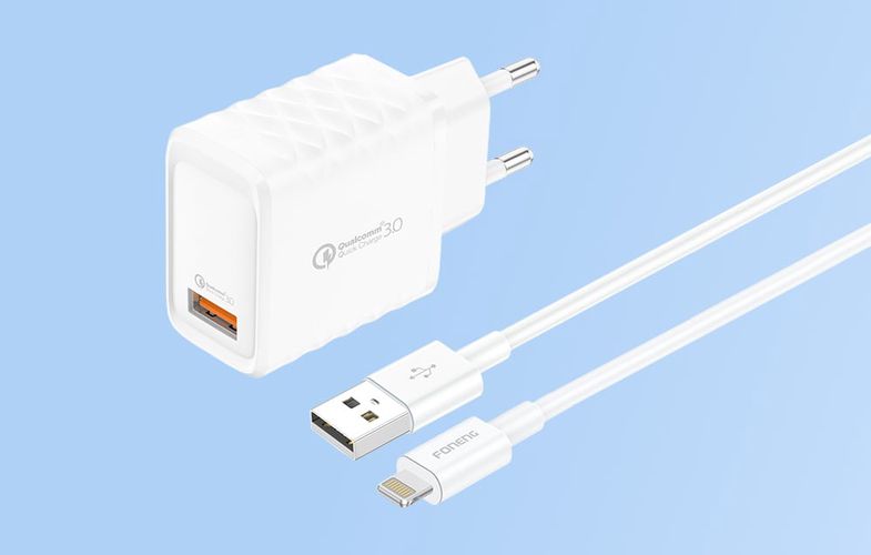 Foneng EU54 18W USB-A, 3A mains charger (White) + USB-A to Lightning cable, Foneng EU54 iPhone