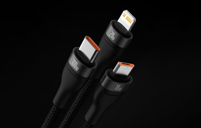 3in1 USB cable Baseus Flash Series 2, USB-C + micro USB + Lightning, 100W, 1.5m (black), Baseus CASS030201