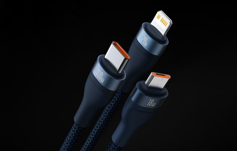 3in1 USB cable Baseus Flash Series 2, USB-C + micro USB + Lightning, 100W, 1.2m (blue), Baseus CASS030103