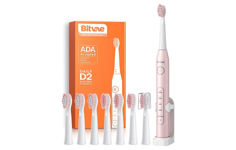 Sonic toothbrush with tips set, holder and case D2 (pink), Bitvae D2Pink+holder+case