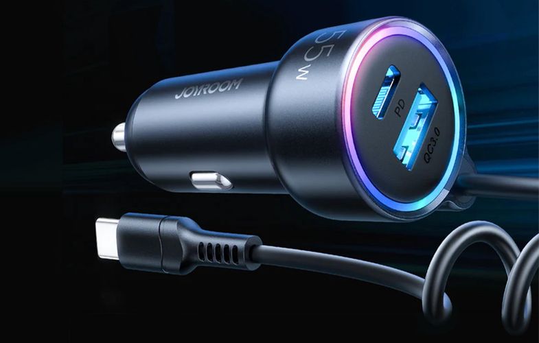 Car charger Joyroom JR-CL07, 3-in-1, 1x USB + 1x PD, 55W + Type-C cable (black), Joyroom JR-CL07