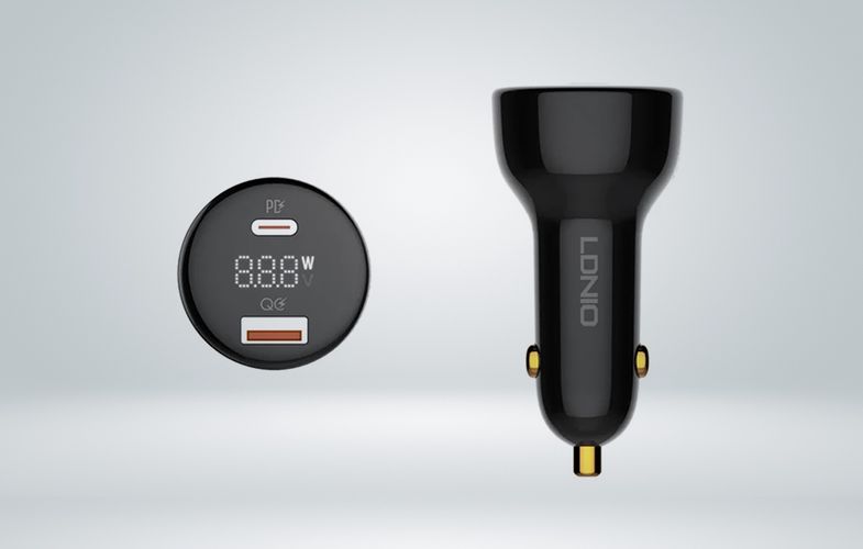 LDNIO C101 Car Charger, USB + USB-C, 100W + USB-C to Lightning Cable (Black), LDNIO C101 Type C to light
