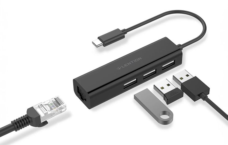 Lention Hub USB-C to 3x USB 2.0 + Ethernet Adapter (black), Lention "CB-UC-USB2.0- HUB-B