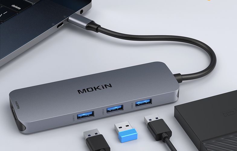 MOKiN Adapter Hub 8in1 USB-C to 2x 4K 60Hz HDMI + USB-C + USB 3.0 + SD + Micro SD (silver), Mokin MOUC0409