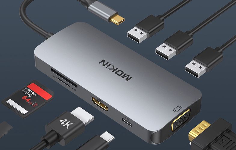 MOKiN 8in1 USB-C Adapter to 3x USB 3.0 + HDMI + USB-C + VGA + SD Card Reader + Micro SD Card Reader (silver), Mokin MOUC0503