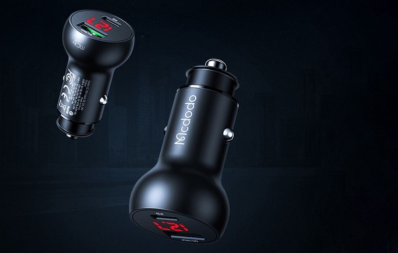 Car Charger Mcdodo CC-7030, USB + USB-C, with Display, 45W (Black), Mcdodo CC-7030