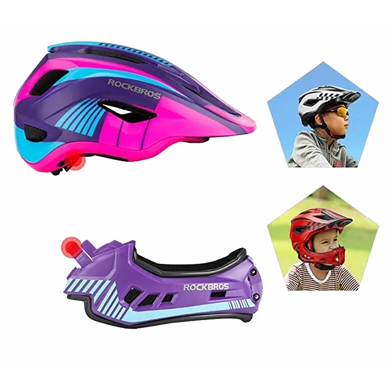 Rockbros TT-32SBPP-S children&#39;s bicycle helmet with detachable chinbar, size S - purple-pink, Rockbros 7793598344030 7793598344030