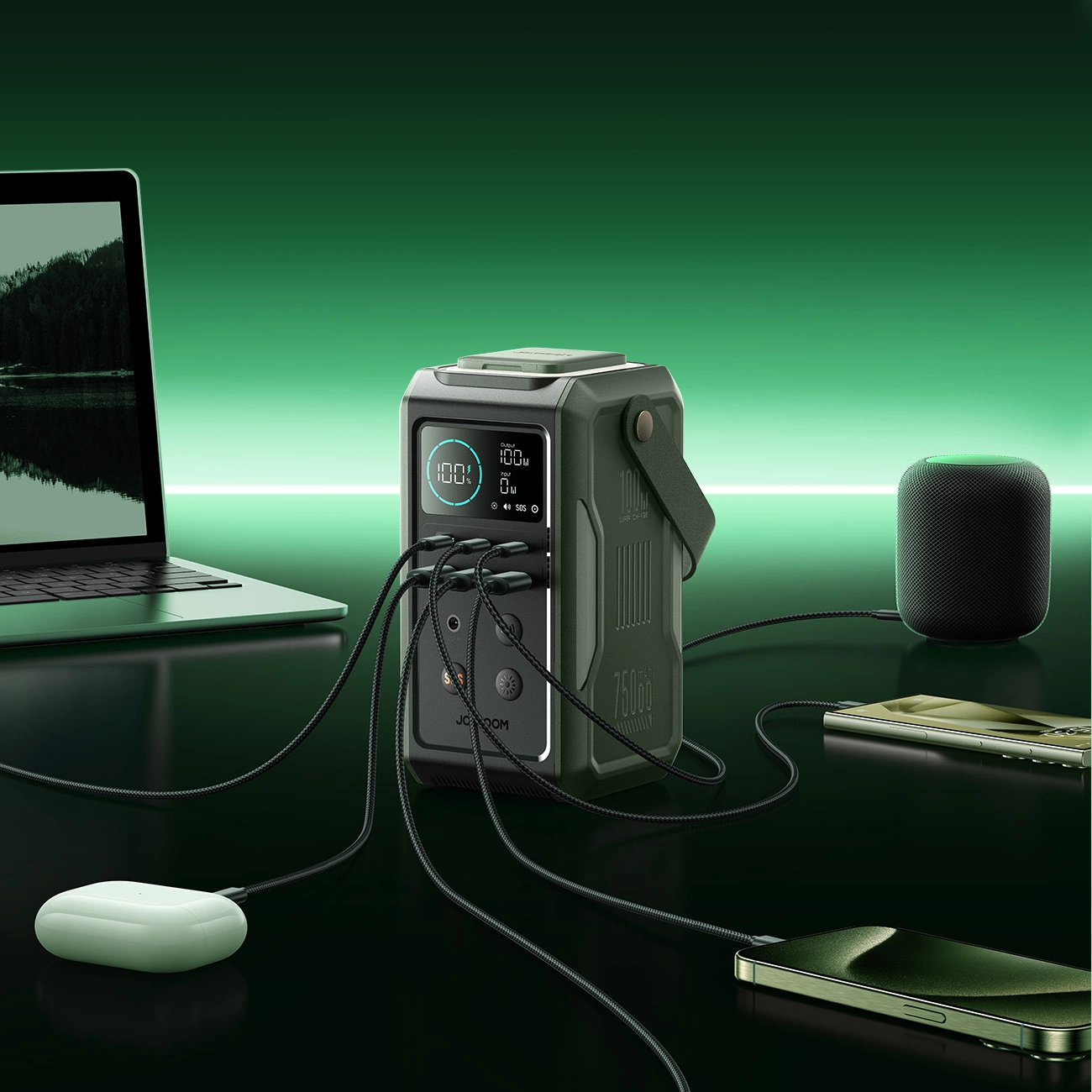 Powerbank Joyroom JR-PBF10 75000mAh 100W 3x USB-C 3x USB-A with foldable flashlight and handle - green, Joyroom JR-PBF10 JR-PBF10