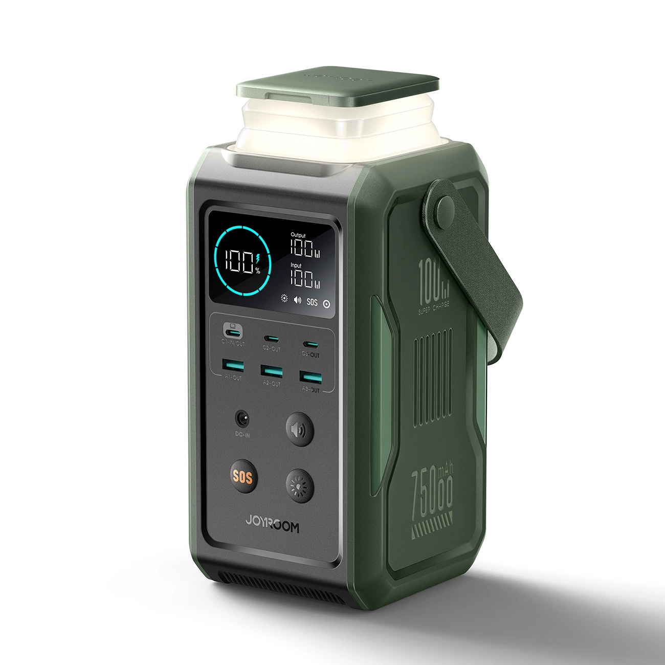 Powerbank Joyroom JR-PBF10 75000mAh 100W 3x USB-C 3x USB-A with foldable flashlight and handle - green, Joyroom JR-PBF10 JR-PBF10