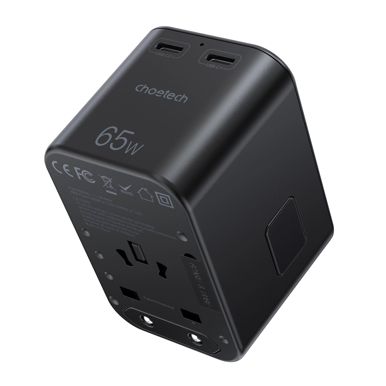 Choetech PD5009-BK GaN EU/US/UK/AU Travel Adapter 2x USB-C USB-A 65W PD - Black, Choetech 6932112102027 6932112102027