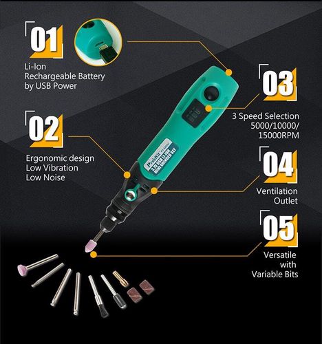 Мини-беспроводной гравер с литий-ионным аккумулятором 3,7 В 600 мАч, PT-5205U Pro'sKit PT-5205U 4711552160116