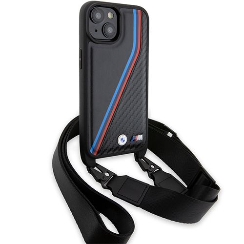 BMW M Edition Carbon Tricolor Lines &amp; Strap case for iPhone 15 Plus / 14 Plus - black, BMW 3666339235666 3666339235666