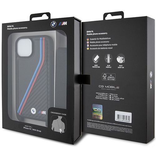 BMW M Edition Carbon Tricolor Lines &amp; Strap case for iPhone 15 Plus / 14 Plus - black, BMW 3666339235666 3666339235666