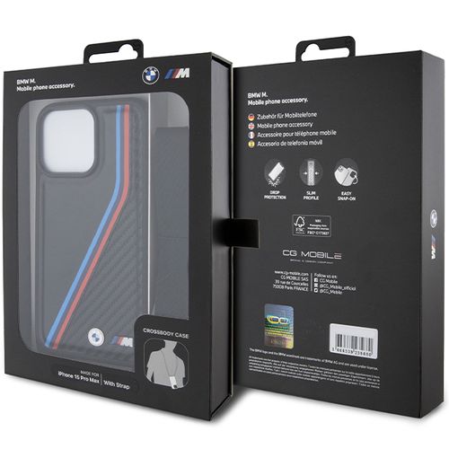 BMW M Edition Carbon Tricolor Lines &amp; Strap case for iPhone 15 Pro - black, BMW 3666339235673 3666339235673