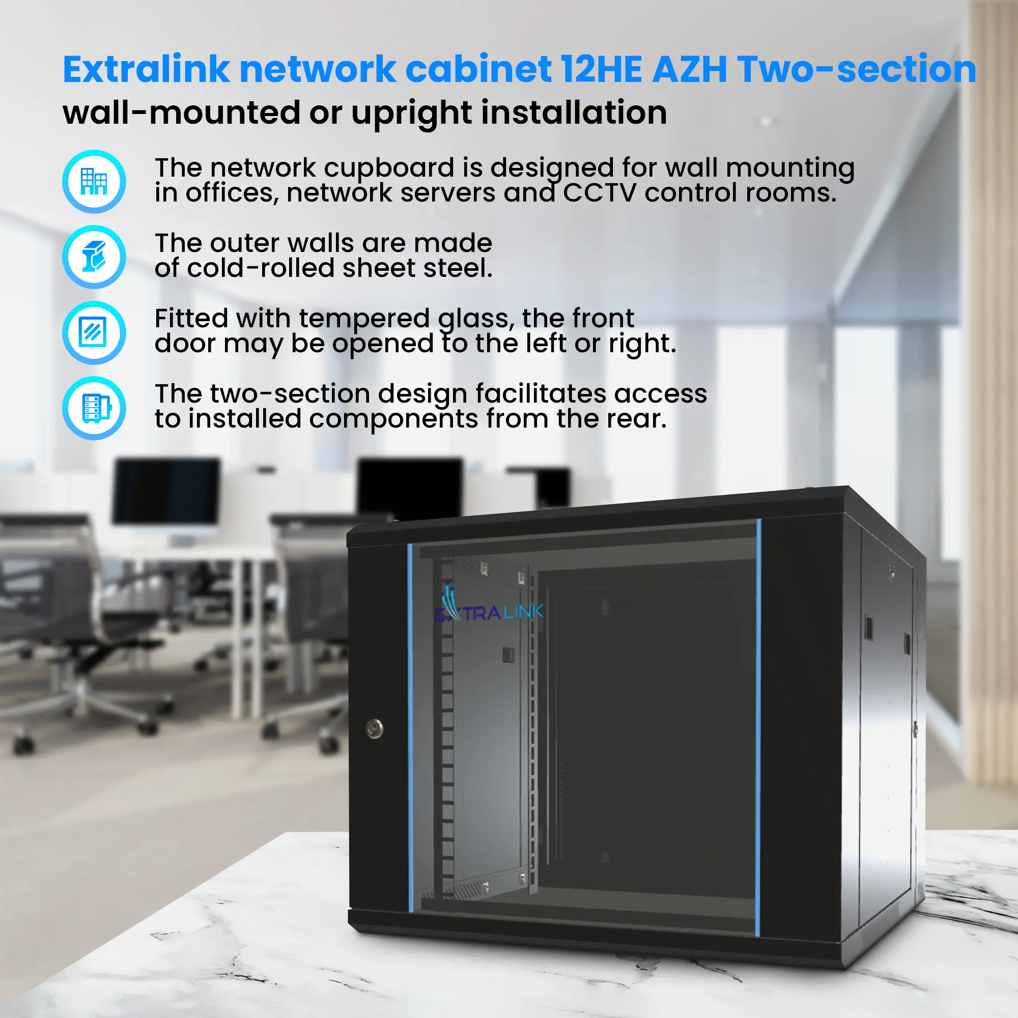 Extralink 12U 600x600 AZH Black | Rackmount cabinet | wall mounted, swing type, EXTRALINK EX.12905 5903148912905