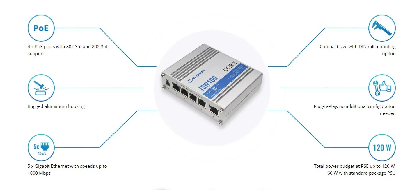 Teltonika TSW100 | PoE Switch | 5x RJ45 1000Mb/s, 4x PoE, 60W, TELTONIKA TELTONIKA TSW100010000 4779027312828