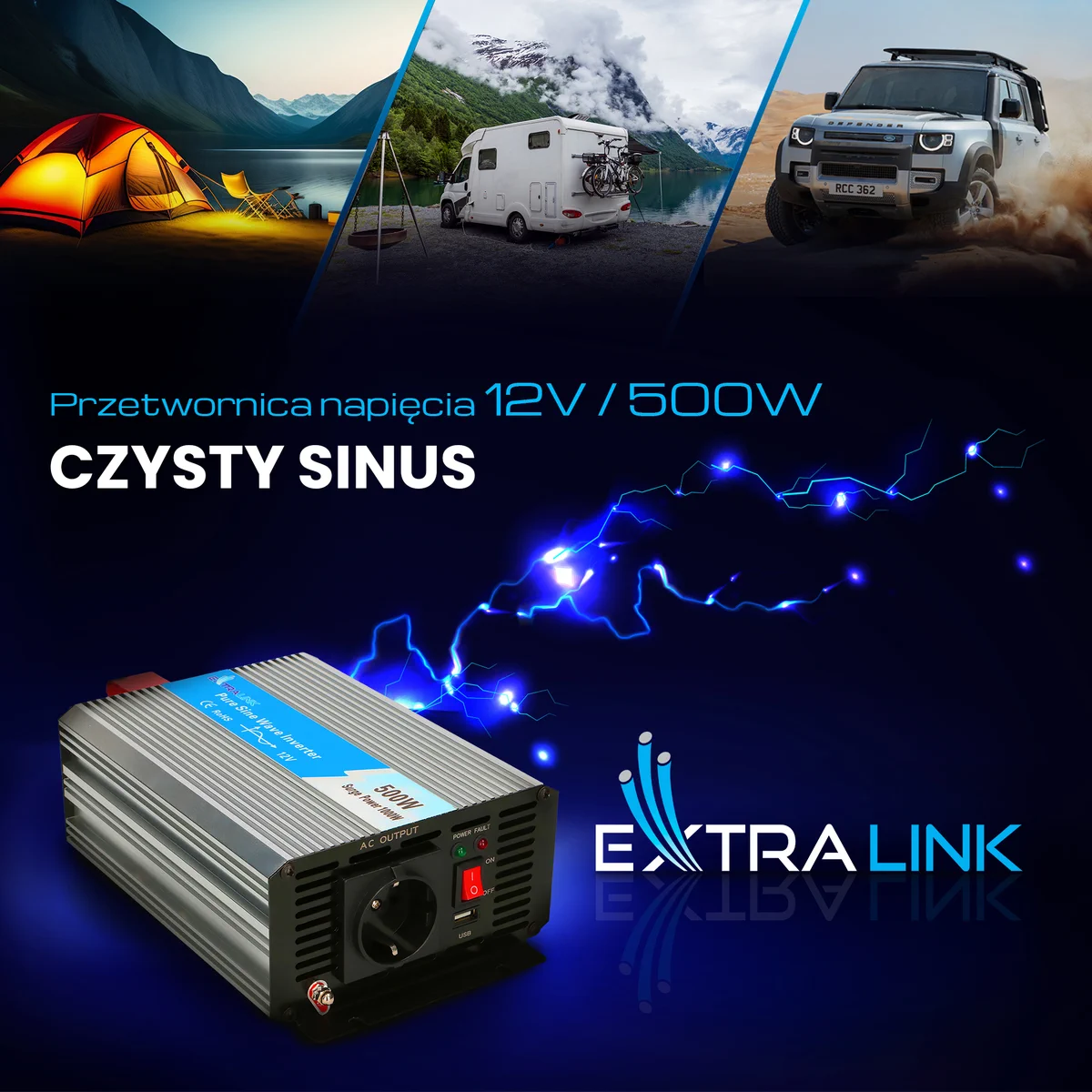 Extralink OPIP-500W | Voltage converter | 12V, 500W pure sine, EXTRALINK EX.18075 5903148918075