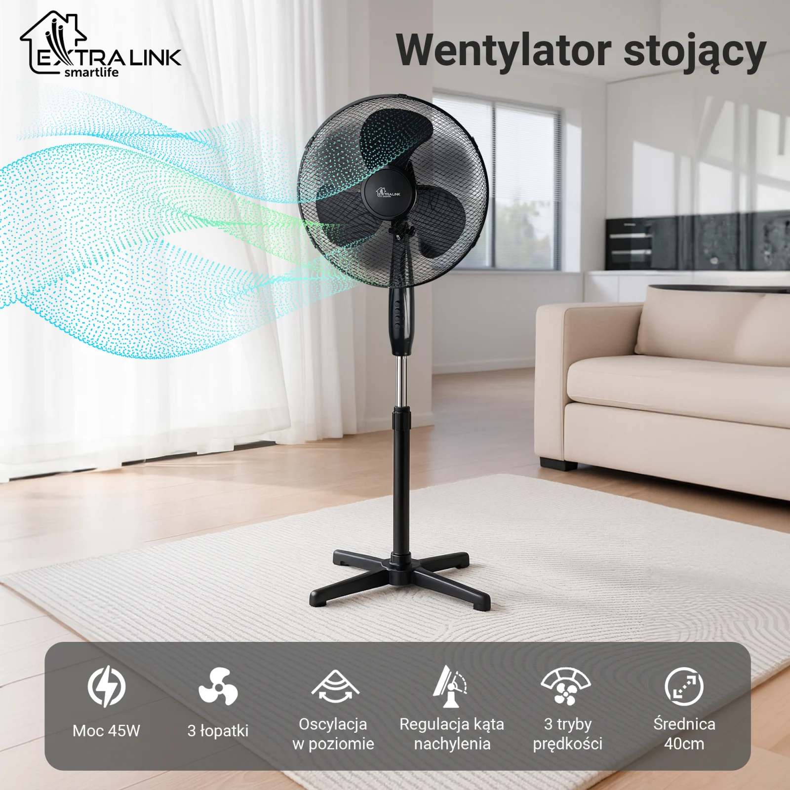 Extralink Bryza ESF-40D-BL Black | Standing fan | 3 blades, 3 speed settings, EXTRALINK EX.31353 5905090331353