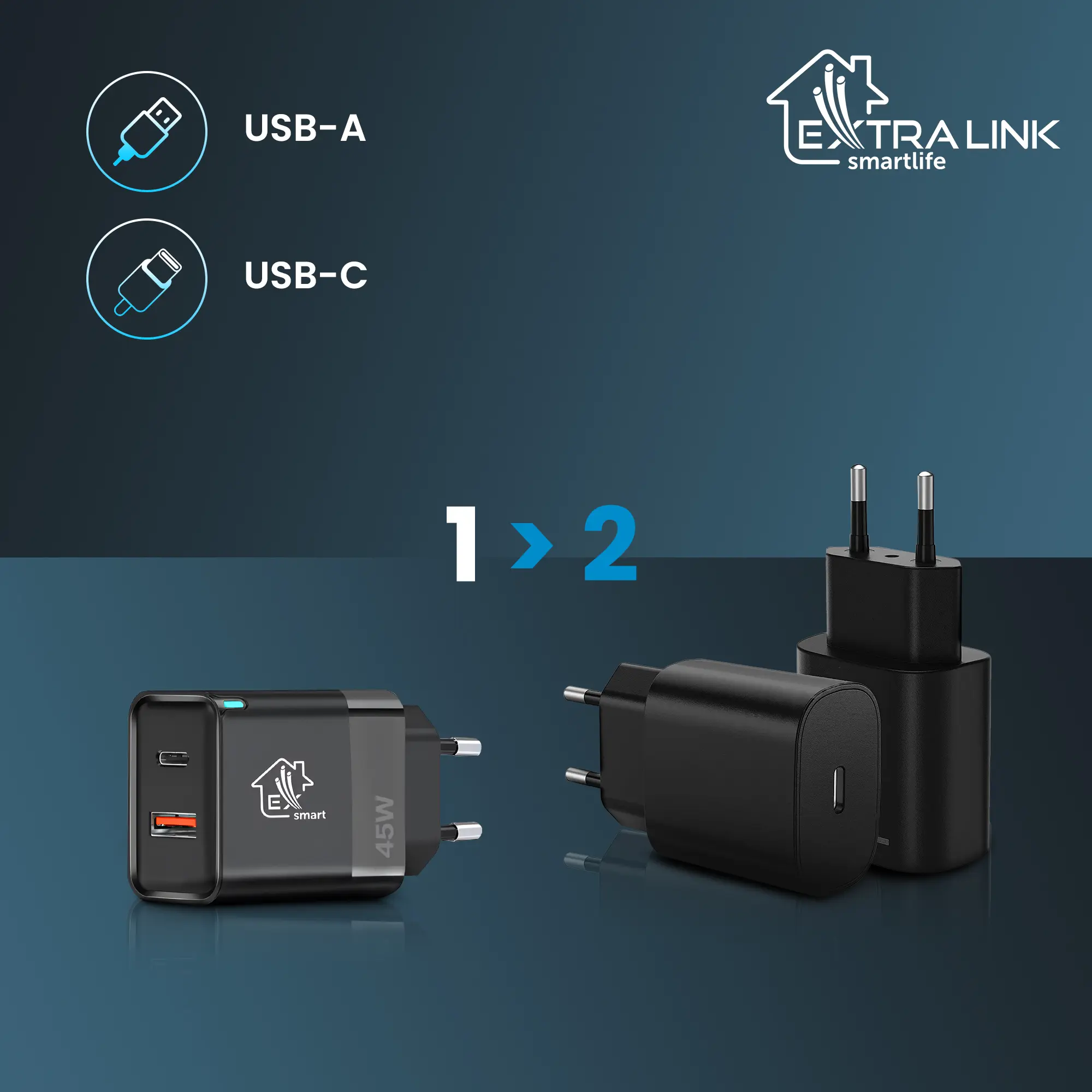 Extralink Smart Life Fast Charger 45W GaN | Charger | USB-C, USB-A, EXTRALINK CHARESL05 5906168632860