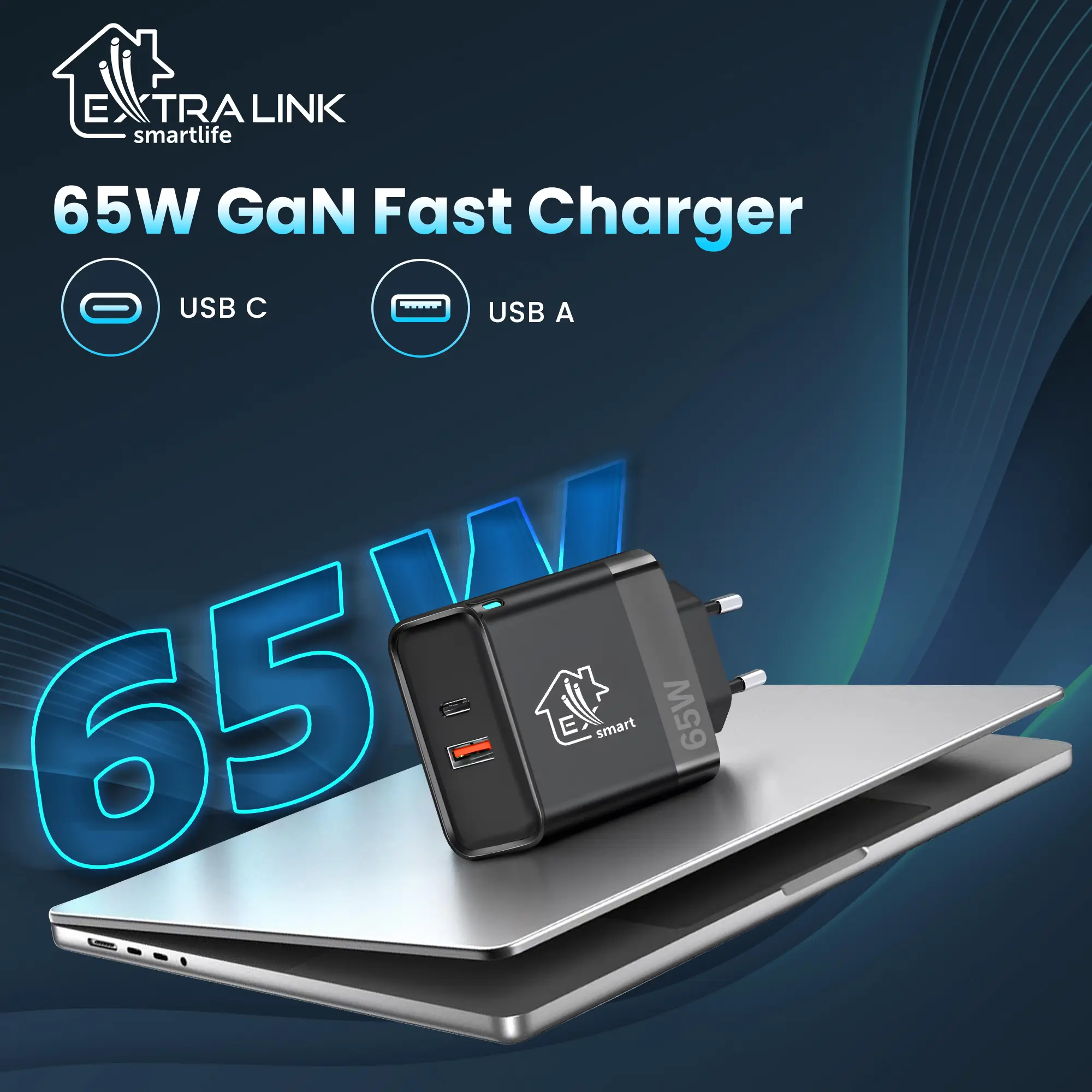 Extralink Smart Life Fast Charger 65W GaN | Charger | USB-C, USB-A, EXTRALINK CHARESL06 5906168632877