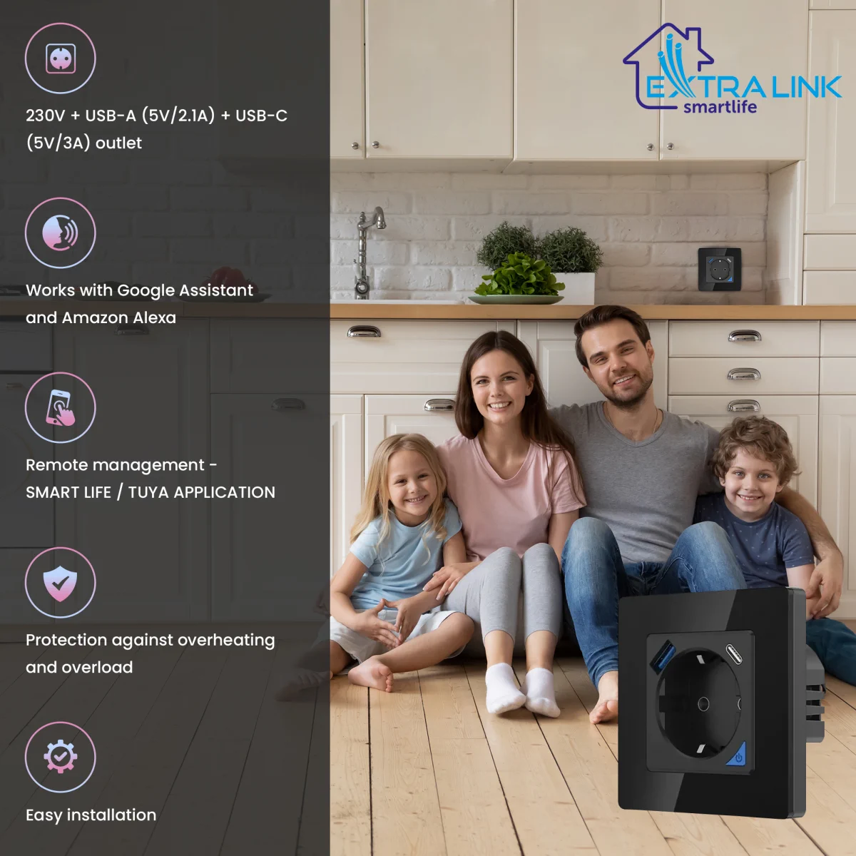 Extralink Smart Life Wall Socket Set Pro | Smart socket + frame set | Color Black, 230V, 1x USB A, 1x USB C, WiFi, Tuya, EXTRALINK EX.35748 5906168635748