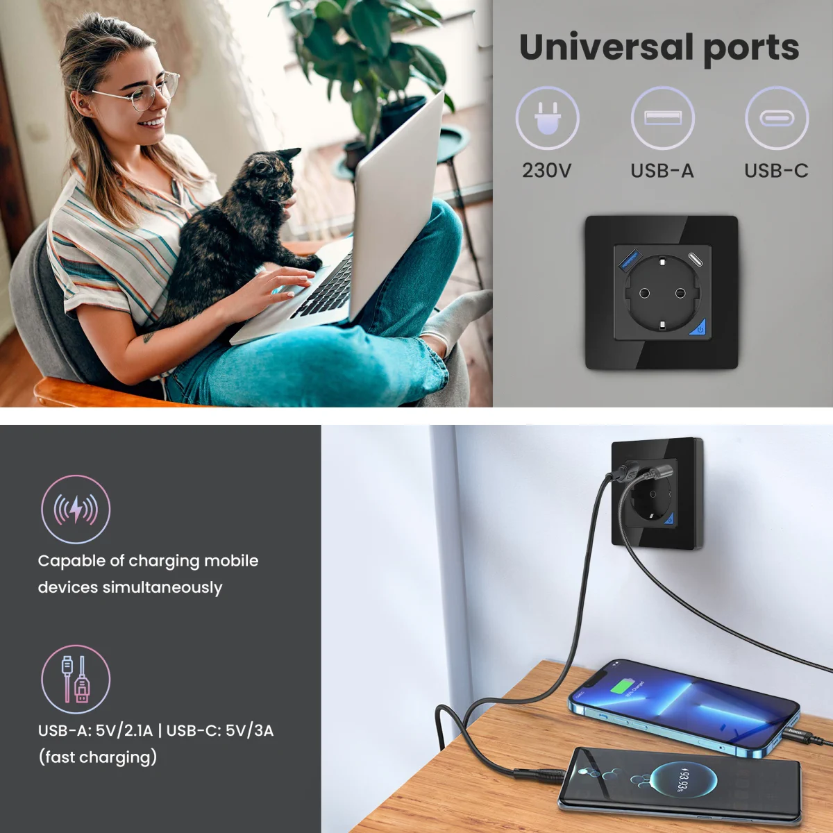 Extralink Smart Life Wall Socket Set Pro | Smart socket + frame set | Color Black, 230V, 1x USB A, 1x USB C, WiFi, Tuya, EXTRALINK EX.35748 5906168635748