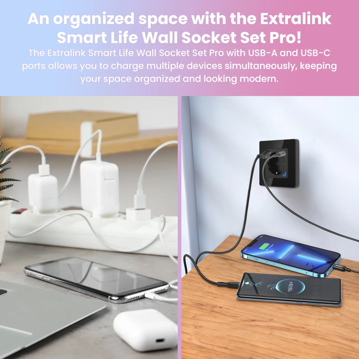 Extralink Smart Life Wall Socket Set Pro | Smart socket + frame set | Color Black, 230V, 1x USB A, 1x USB C, WiFi, Tuya, EXTRALINK EX.35748 5906168635748