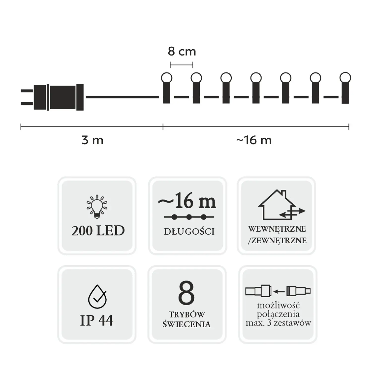 Extralink LED Fairy Lights, 200L Cold White Balls, Length 3 + 16 m, EXTRALINK EX.73226 5900779880153