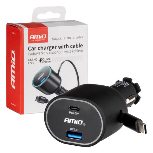 Quick Car Charger 3.0 with 30W C Retractable Cable PD20W AMIO-04176, AMiO 5903293041765