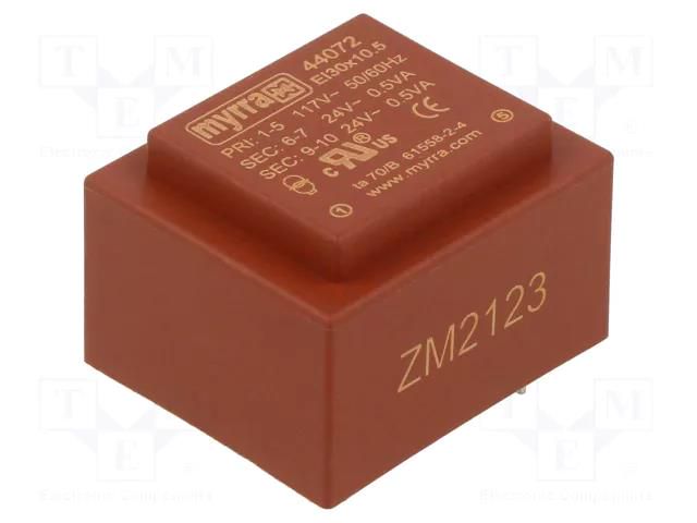 Transformer: encapsulated; 1VA; 117VAC; 24V; 24V; 21mA; 21mA; PCB MYRRA MYRRA-44072