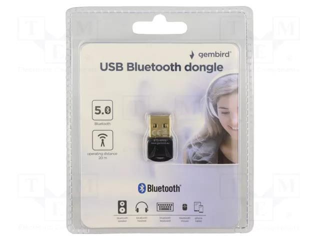 BT adapter; USB A plug; Bluetooth 5.0,USB 2.0; black; 20m GEMBIRD BTD-MINI6