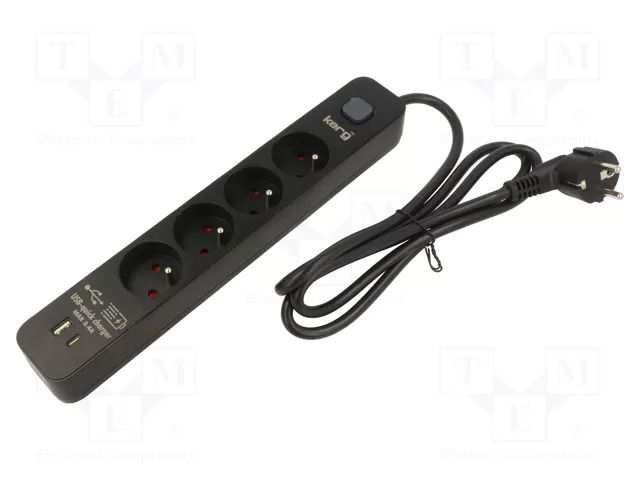Plug socket strip: protective; Sockets: 4; 230VAC; 16A; black; KERG KERG M02522