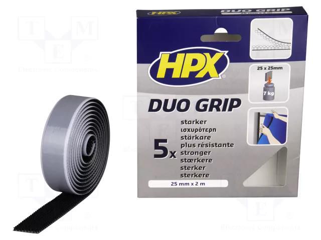 Tape: hook and loop; W: 25mm; L: 2m; Thk: 5.4mm; black; max.93°C HPX HPX-GRIP-252-BK