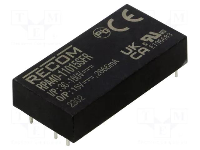 Converter: DC/DC; 40W; Uin: 36÷160VDC; Uout: 15VDC; Iout: 2666mA RECOM RPA40-11015SFR